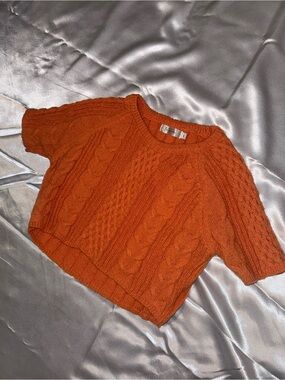 Cable-Knit Cropped Short Sleeve Sweater Top - Orange